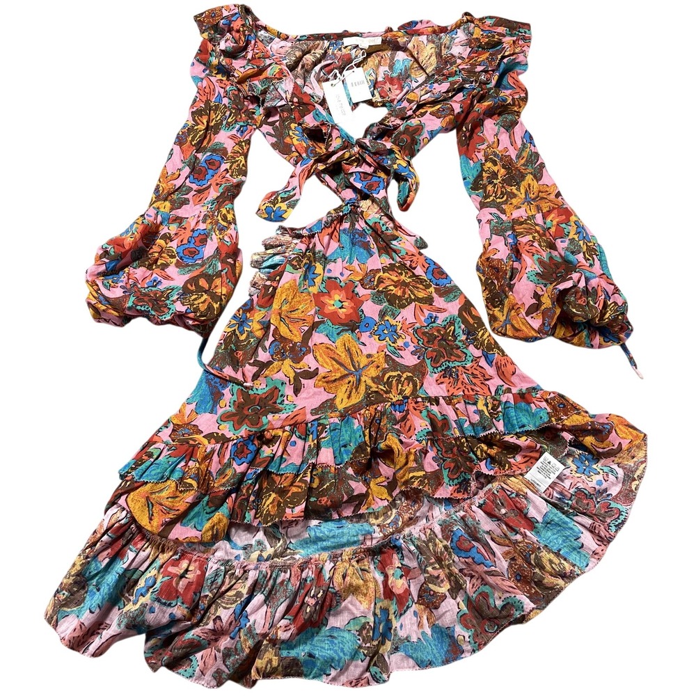 Love The Label Dress Womens XS Pink Brittany Floral Cutout Ruffle Boho Mini